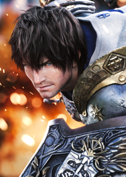 The Warrior of Light, raising his shield against a backdrop of flame.